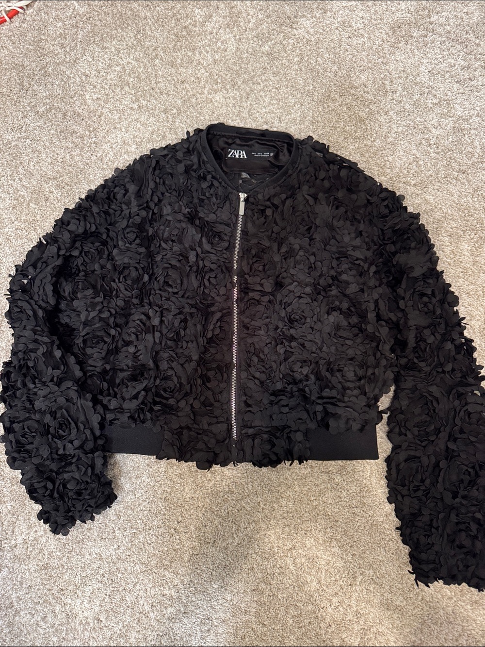 Zara Black Floral Applique Bomber Jacket